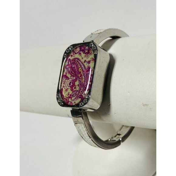 Y2K Statement Bracelet Silver-tone Rectangle Pink White Paisley Floral Butterfly - Picture 4 of 10